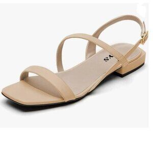 FYS Nude Square Open Toe Sandals Low Heel Strappy Slingbacks Comfy Summer Shoes